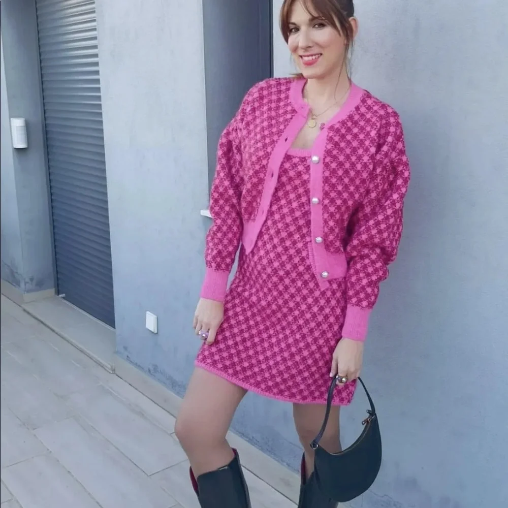 Zara PLAID KNIT Sleeveless Mini A-Line Dress w/ Round Neckline Size S Pink NEW - Picture 3 of 16